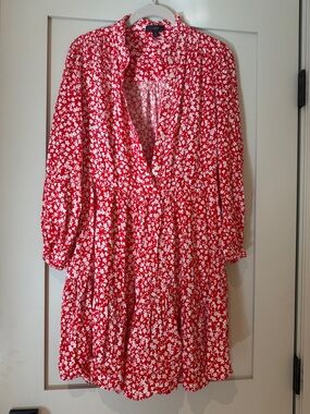 J. Crew Tiered Dress in Red Ditsy Floral Long Sleeve, size SP
